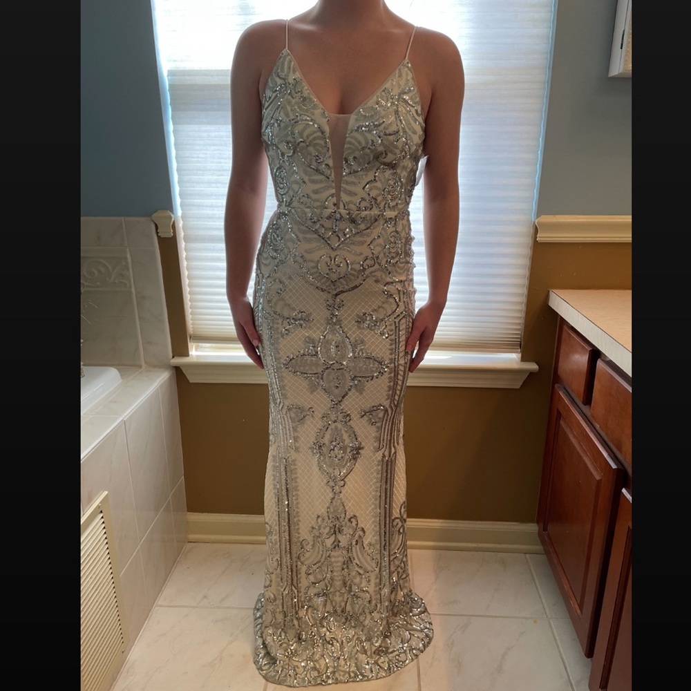 Betsy and Adam size 4 prom dress white with silver grey sequins glitter